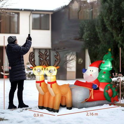 Outsunny Aufblasbare Weihnachtsdekoration, Weihnachtsmann in Rentierschlitten, Polyesterstoff, LED-Lichter, Bunt