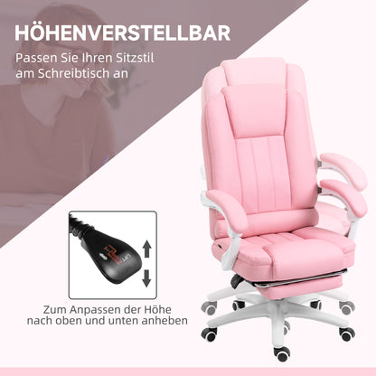 Vinsetto Bürostuhl mit Fußstütze, verstellbare Rückenlehne, höhenverstellbar, 5 Rollen, Rosa + Weiß
