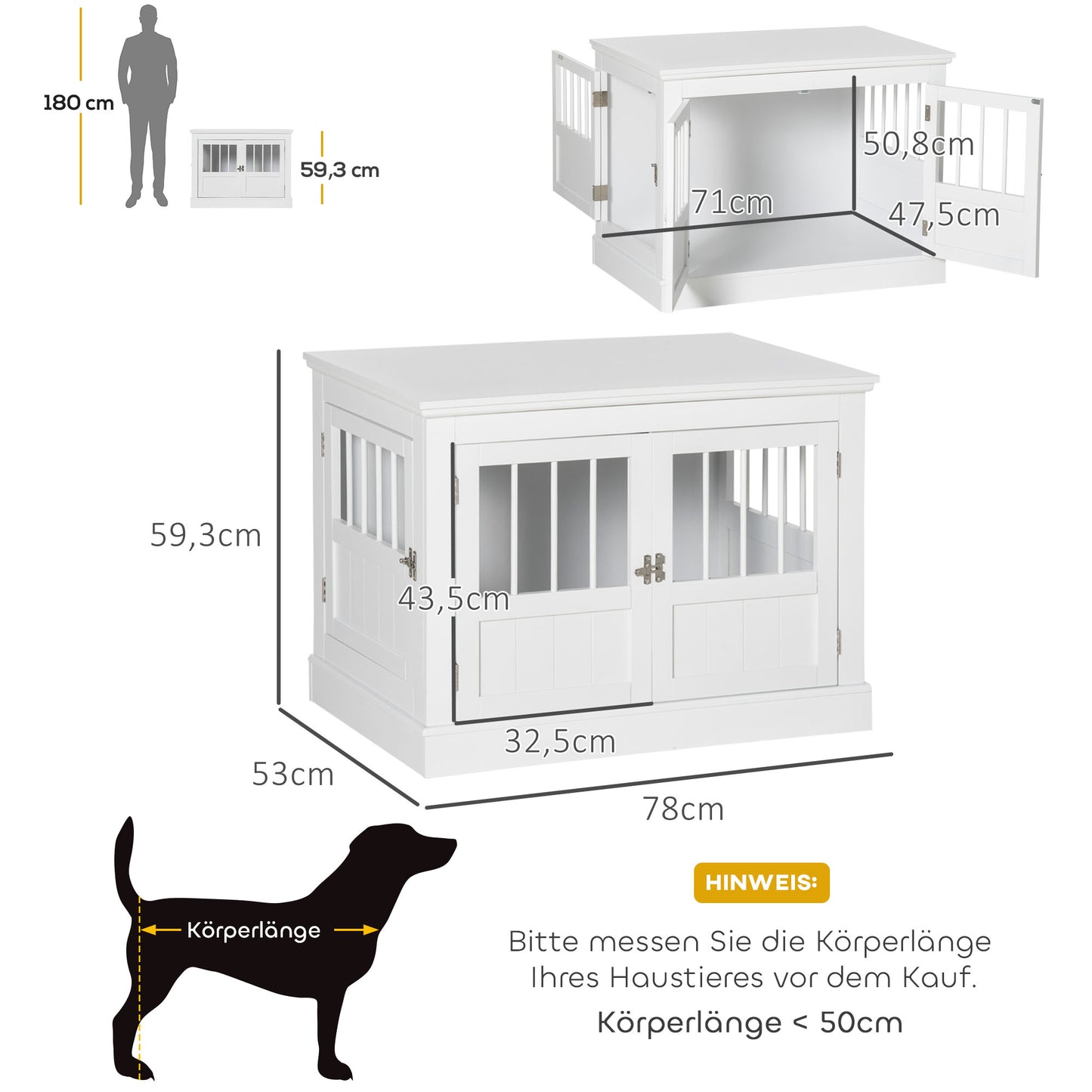 PawHut Hundekäfig, Möbel med 3 Türen Hundehütte Hundebox für Zuhause 78 x 53 x 59,3 cm, Vit