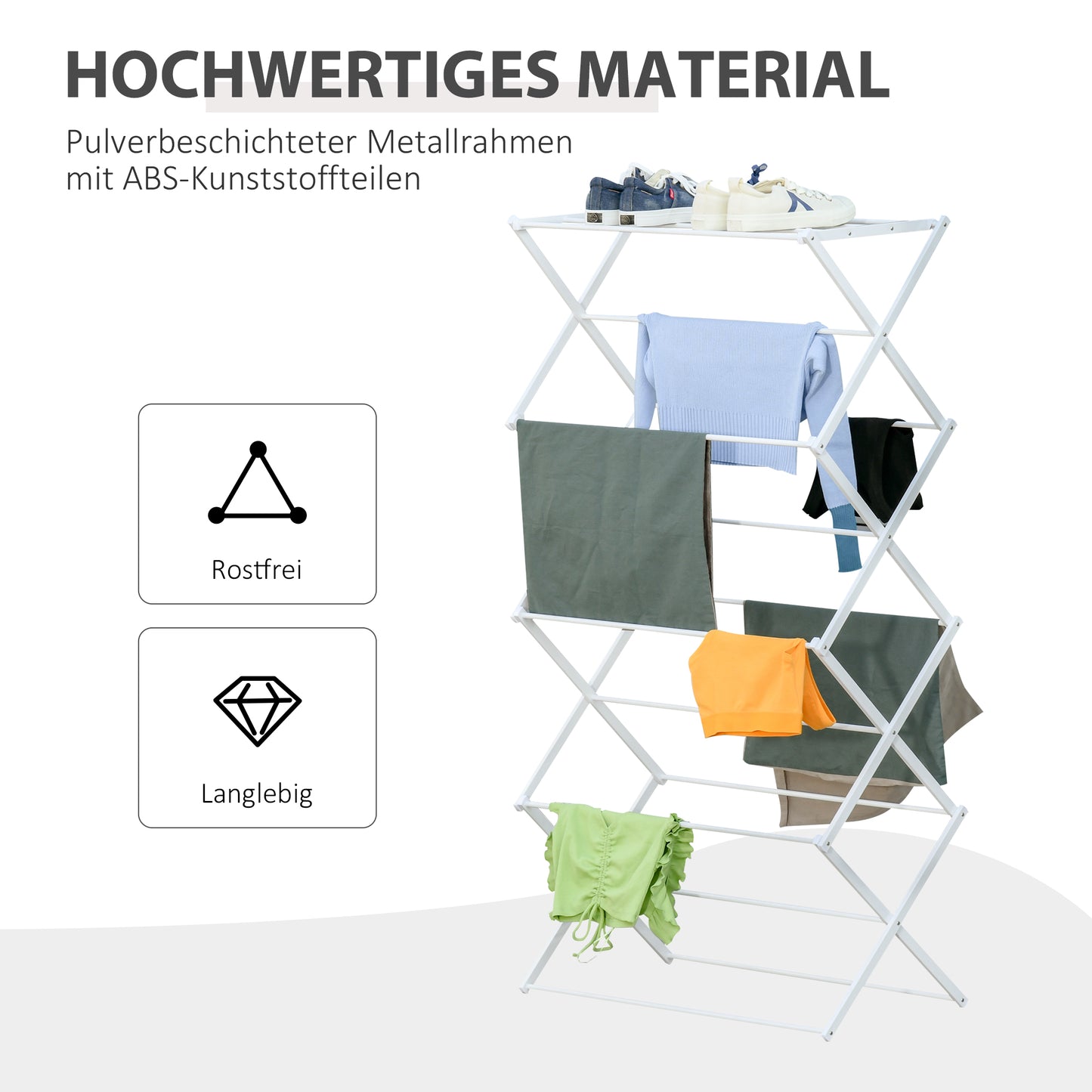 HOMCOM Wäscheständer faltbar 8-stufiger Trockengestell Turmtrockner Turmwäscheständer Trockenständer Metall Kunststoff Weiß 74 x 35 x 144 cm