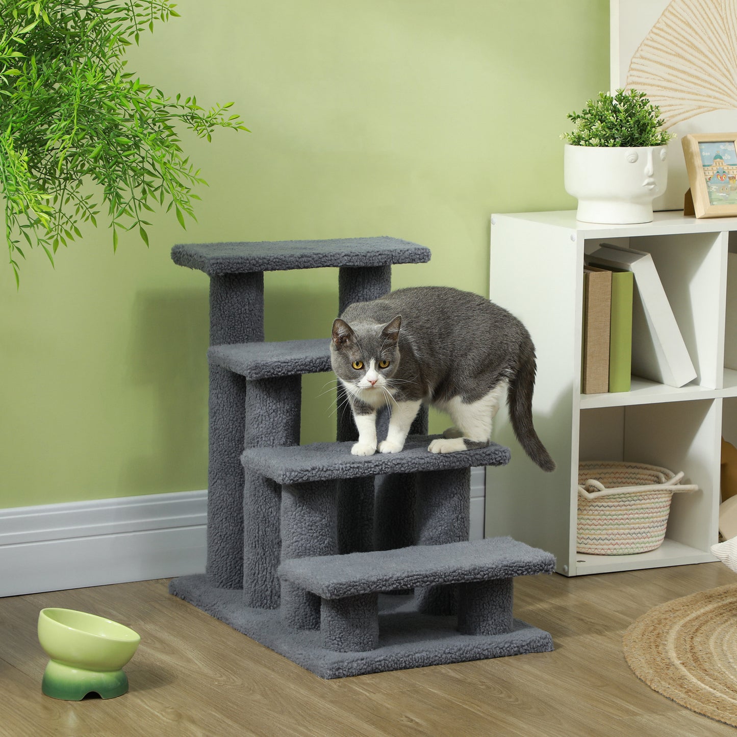 PawHut Tiertreppe Katzentreppe Hundetreppe Treppe für Katze und Hunde 4 Stufen Grau 63,5x43x60cm