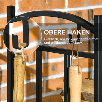 Outsunny Kaminholzregal för inomhus 46 x 32 x 126 cm 3 Ebenen Brennholzregal med 4 Haken Metall Schwarz
