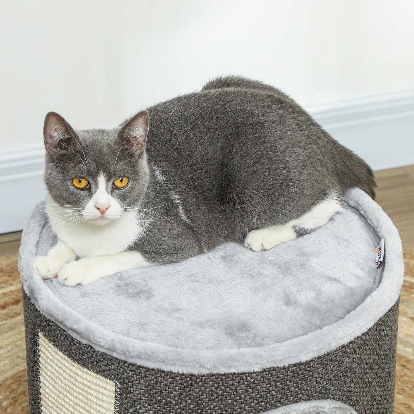 PawHut Katzenhöhle, 2 Etagen, Katzenhaus, Plüsch, Kissen, Sisal-Kratzbrett, Φ40 x 30H cm, Dunkelgrau