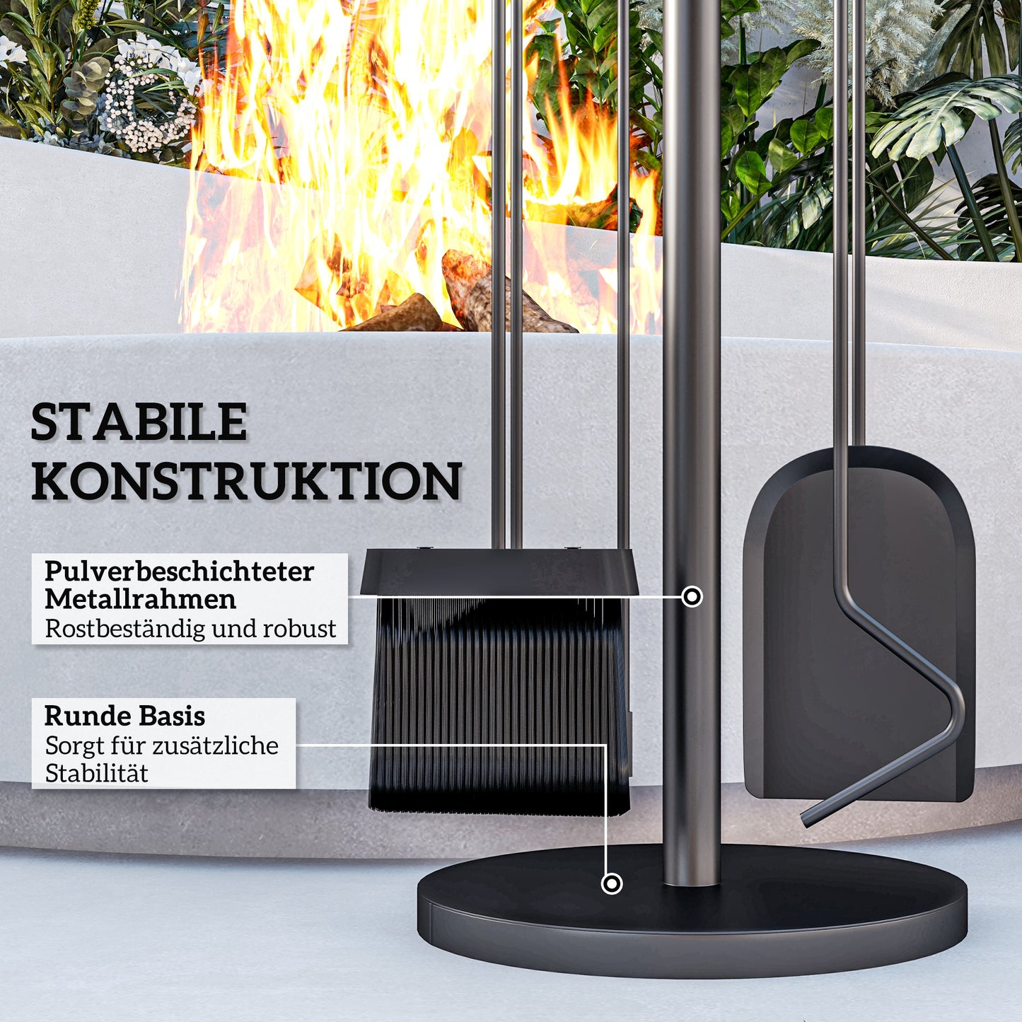 Outsunny Kaminbesteck, 5-teilig, Besen, Schaufel, Zange, Schürhaken und Ständer, feuerfestes Metall, Schwarz