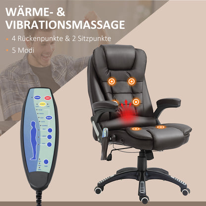 HOMCOM Bürostuhl mit Massagefunktion Ergonomischer Chefsessel mit Heizfunktion, Liegefunktion, Wippfunktion, Höhenverstellbar 360° Drehbar Schreibtischstuhl, Kunstleder, Braun