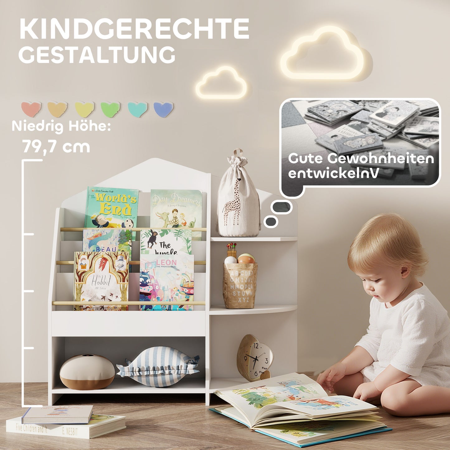 AIYAPLAY Kinderregal mit 7 Regalen für Bücher, Spielzeug, runde Kanten, trägt 40 kg, Weiß