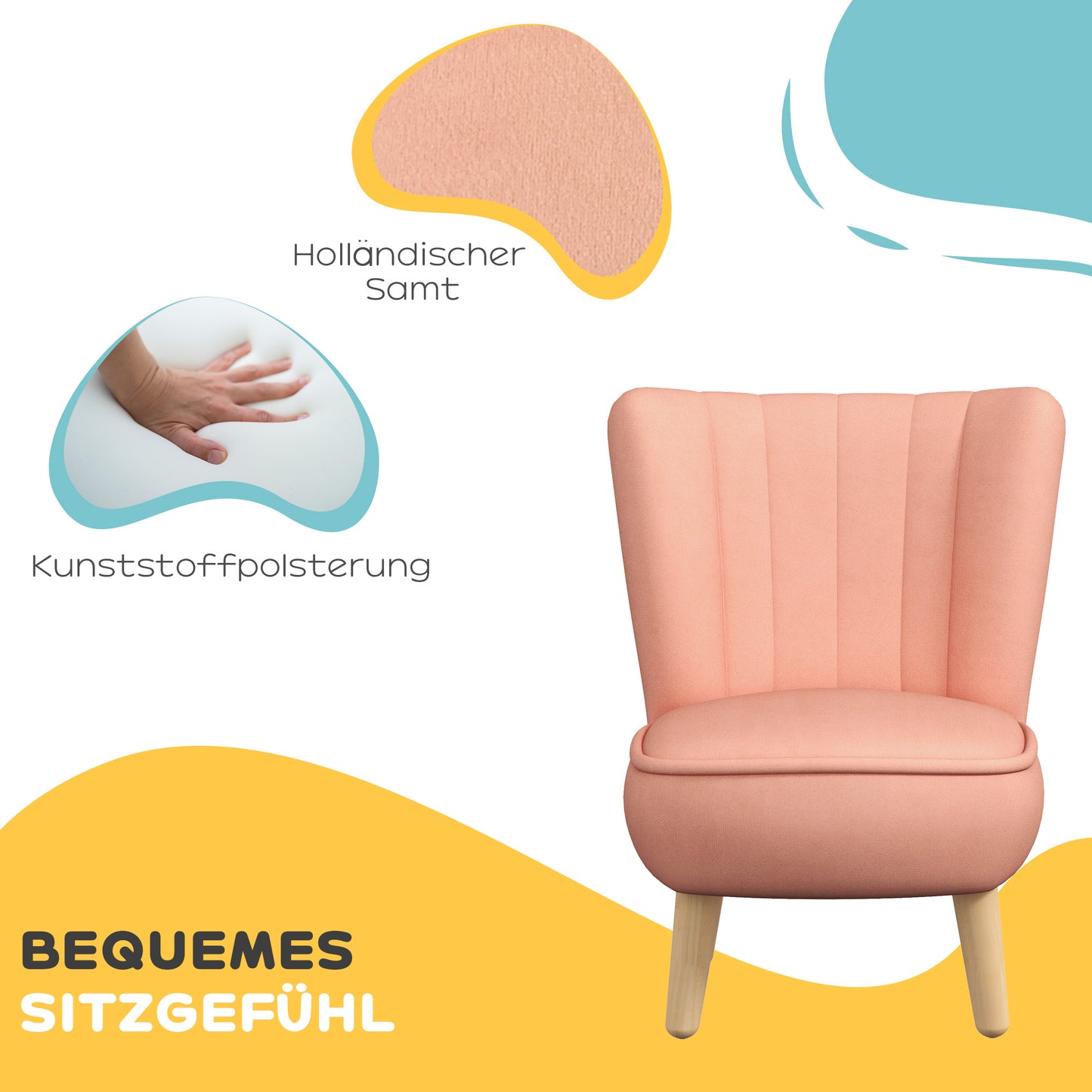 AIYAPLAY Kindersessel, Samtoptik, für 3-7 Jahre, bis 45 kg, Holzgestell, 44x45x56,5cm, Pink