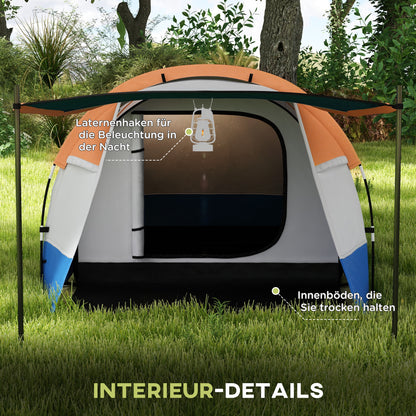Outsunny Campingzelt, für 3 Personen, Laternenhaken, drei Eingänge, wasserdicht, Orange
