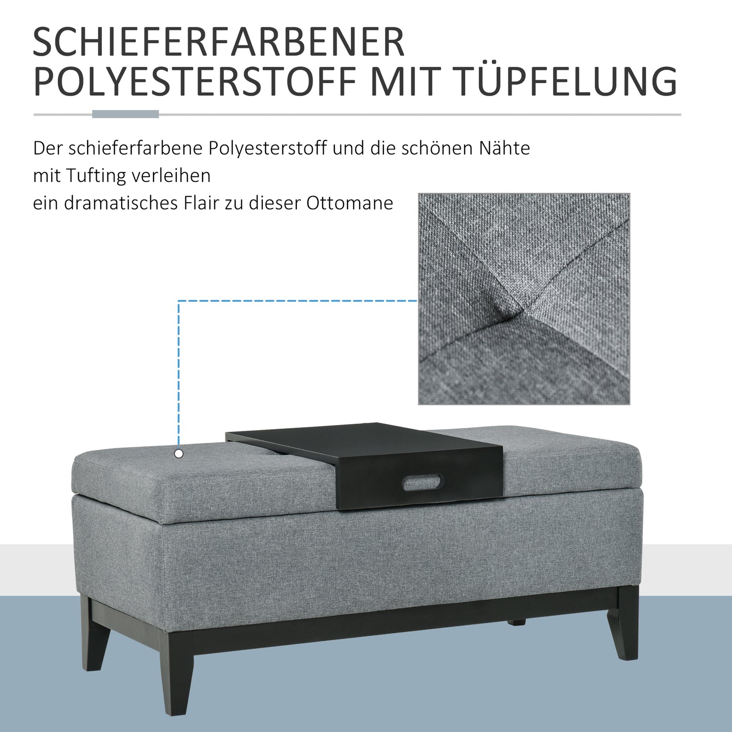 HOMCOM Sitzbank mit Stauraum, abnehmbarem Tablett Polsterbank mit Leinenoptik, Sitztruhe mit Holzbeine, Truhenbank für Wohnzimmer Schlafzimmer Flur 107 x 50 x 44 cm, Dunkelgrau