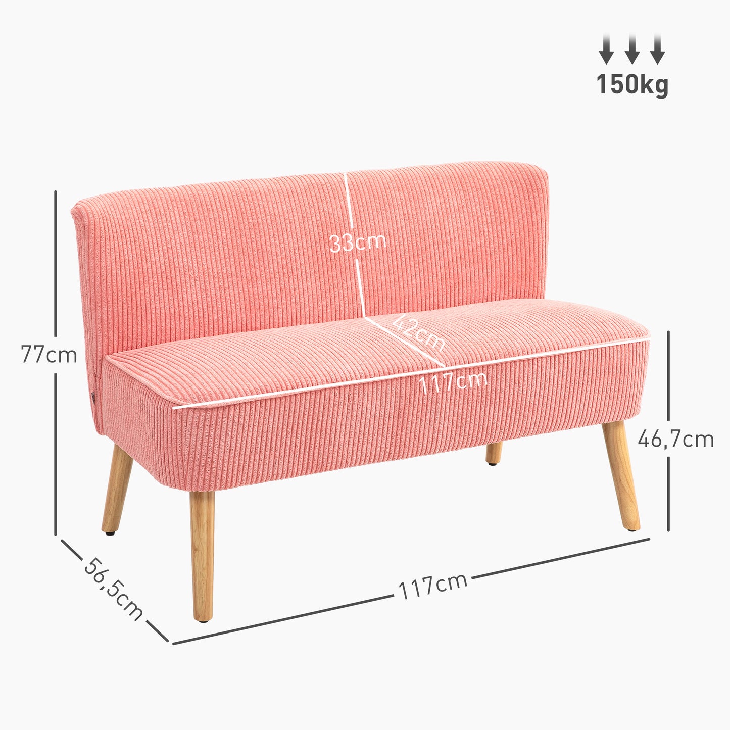 HOMCOM Zweisitzer-Sofa, elegantes Skandi Design, massiver Holzrahmen, bis 150 kg, 117 x 56,5 x 77 cm, Rosa
