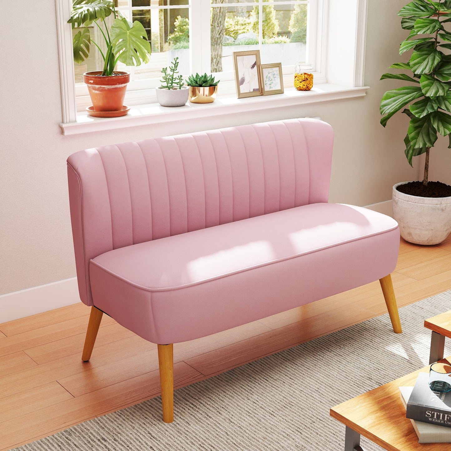 HOMCOM 2-Sitzer Stoffsofa Polstersofa Doppelsofa Sitzmöbel Loungesofa Holz Samtartiges Polyster Schaumstoff Rosa 117 x 56,5 x 77 cm