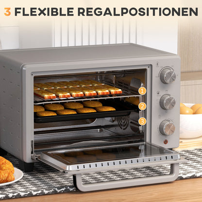 HOMCOM Minibackofen, 21 L Toasterofen mit 1 Drahtgestell und 1 Backblech, 3 Kochmodi, 100 °C-230 °C, Edelstahl, Glas, Silber
