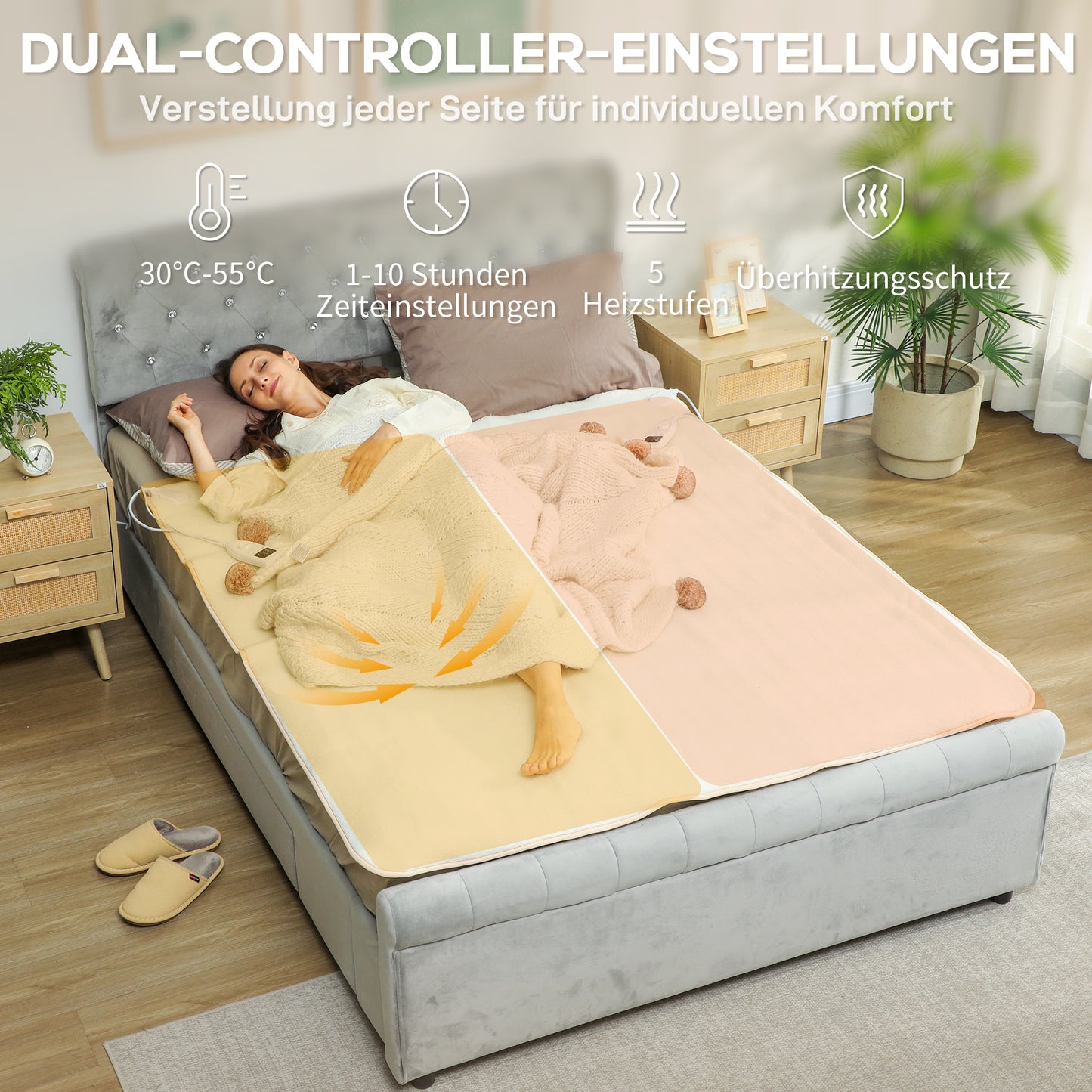 HOMCOM Heizdecke mit Dualzonensteuerung 160 x 140 cm maschinenwaschbar mit 5 Heizstufen, 10 Stunden Timer, Überhitzungsschutz