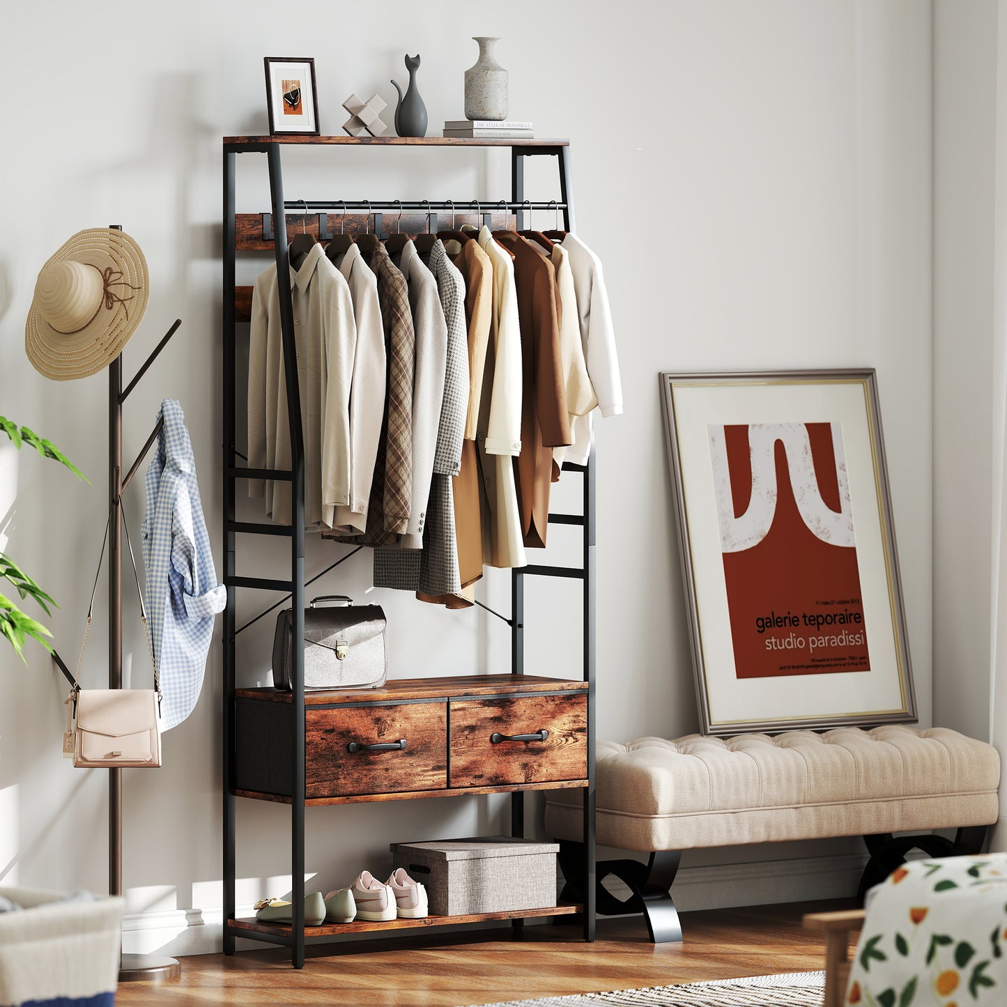 HOMCOM Garderobe mit Schuhregal, Mantelständer mit Sitzbank, 10 Haken, 2 Stoffschubladen, Kleiderstange, Spanplatte, Metall, Braun