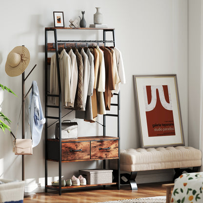 HOMCOM Garderobe mit Schuhregal, Mantelständer mit Sitzbank, 10 Haken, 2 Stoffschubladen, Kleiderstange, Spanplatte, Metall, Braun