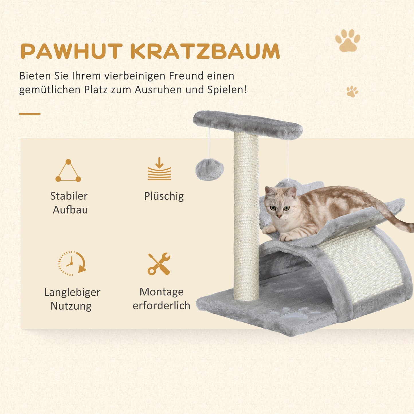 PawHut Kratzbaum liten Katzenkratzbaum Spielbaum Kratzstamm für Katzen mit Spielball Braun 40 x 30 x 43 cm