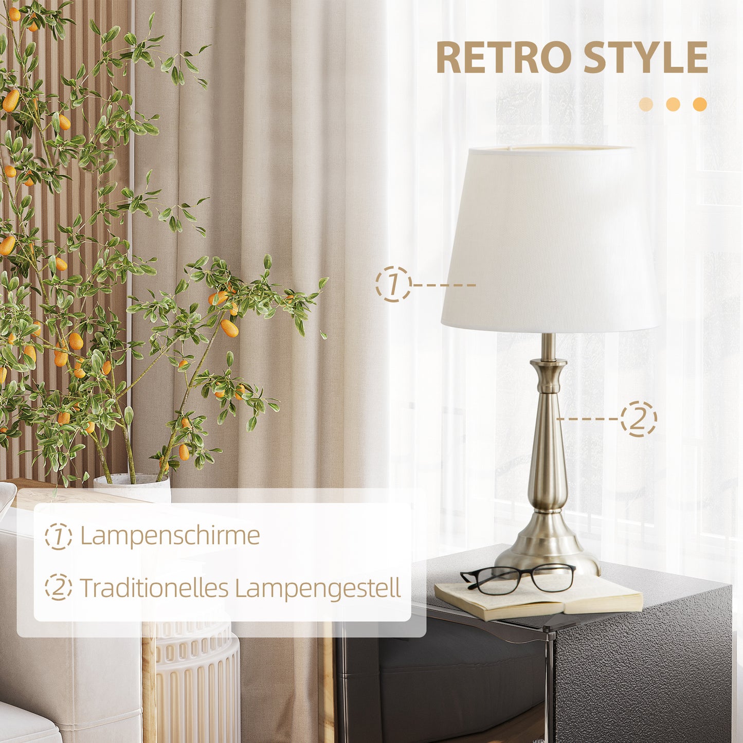 HOMCOM 3-teiliges Lampenset im Vintage-Design, 2 Tischleuchten, 1 Stehleuchte, 35,5 cm x 35,5 cm x 146 cm, Silber + Weiß