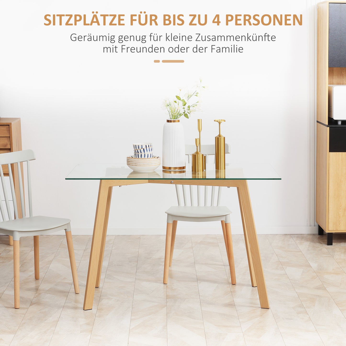 HOMCOM Esstisch für 4 Personen, Glasplatte, Stahlgestell, Holzoptik, 120L x 60B x 76H cm