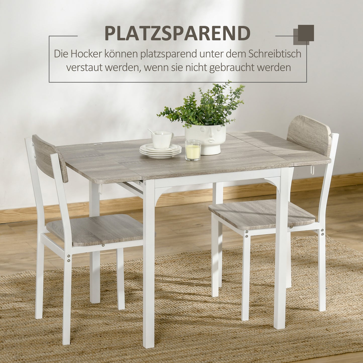 HOMCOM 2-teilige Sitzgruppe, Klappbarer Esstisch mit 2 Stühlen, Klapptisch, 110 cm x 70 cm x 75 cm, Weiß + Natur