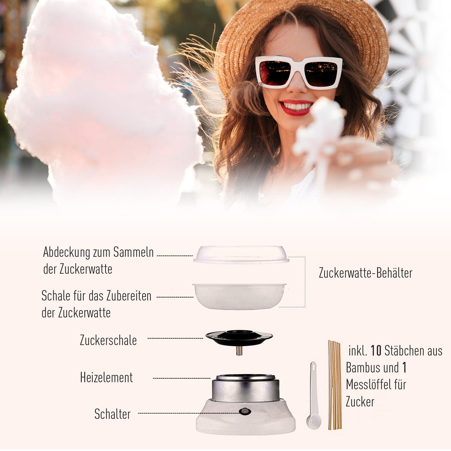 HOMCOM Zuckerwattemaschine für Zuhause Cotton Candy Machine Zuckerwatte Maschine mit Stäbchen und Messlöffel Höhe 18 cm 550W für Kinderfest, Geburtstag, Party Weiß