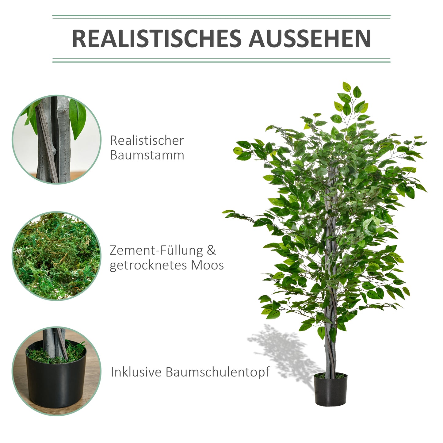 HOMCOM Künstlicher Baum, Ficus-Kunstpflanze, realistisches Aussehen, Zementtopf, 135 cm, pflegeleicht, Kunststoff, Grün