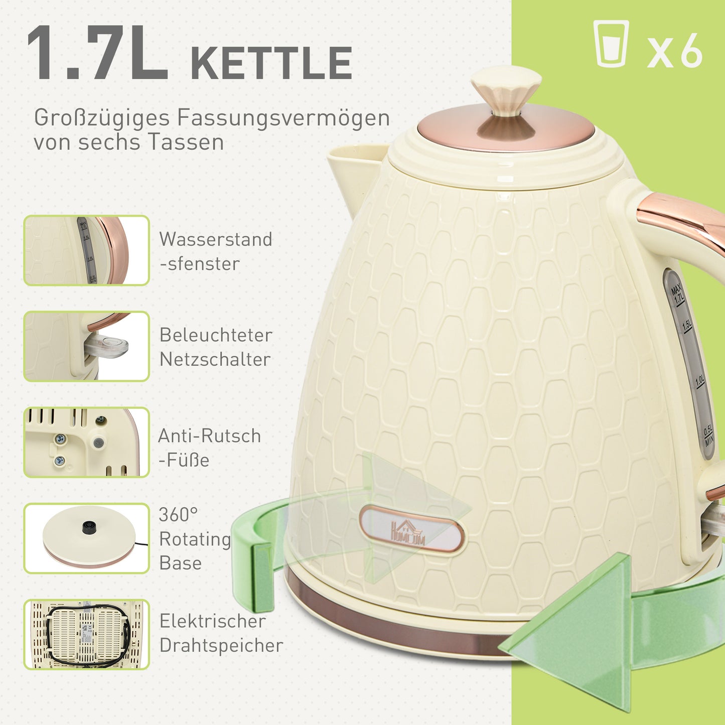 HOMCOM 2-in-1 Küchenset, Toaster und Wasserkocher, mehrere Optionen, 1,7 L, 4 Toastscheiben gleichzeitig, Kunststoff, Beige