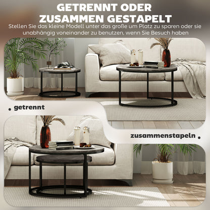 HOMCOM 2er-Set runde Couchtische, stapelbare Beistelltische mit Metallrahmen, Wohnzimmertisch in Marmoroptik, Kaffeetisch, Grau