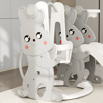 AIYAPLAY 4-in-1 Spielset für Kleinkinder, Rutsche, Schaukel, Klettergerüst, Basketballkorb, Kunststoff, Hasendesign, Grau