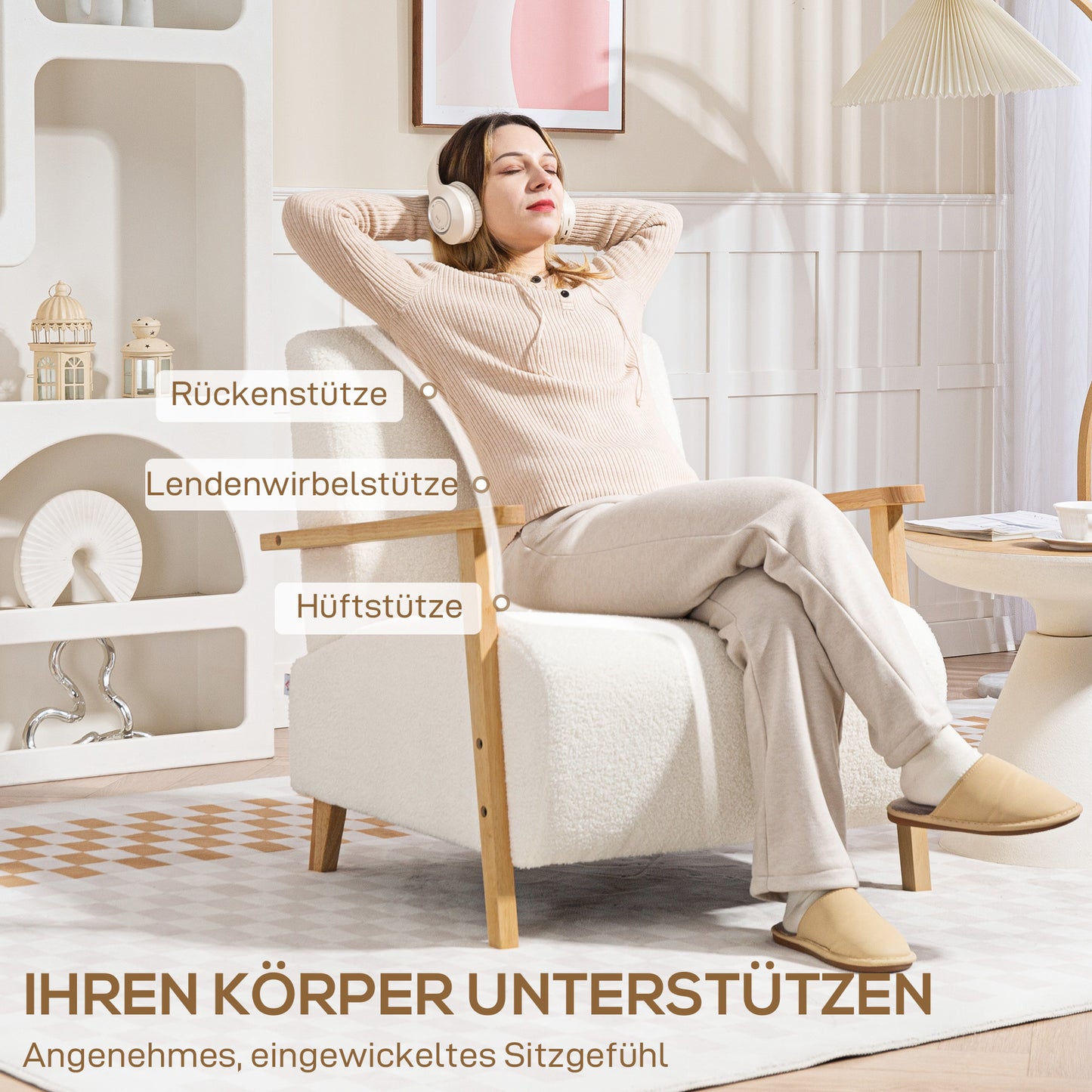 HOMCOM Sessel mit Rückenlehne, Armlehnen, Gepolstert Loungesessel mit Sherpa-Optik, Holzbeine, für Schlafzimmer, Wohnzimmer, bis 120 kg, Cremeweiß