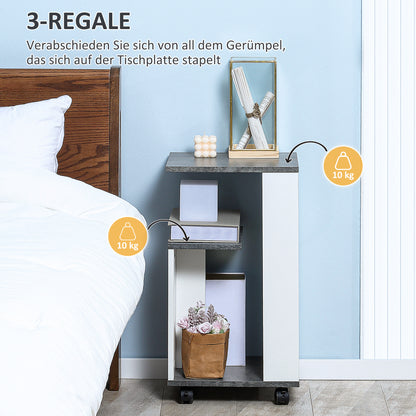 HOMCOM Nachtschrank, mit 4 Rollen, 3 Regale, 35 x 29,5 x 65,5 cm, Grau/Weiß