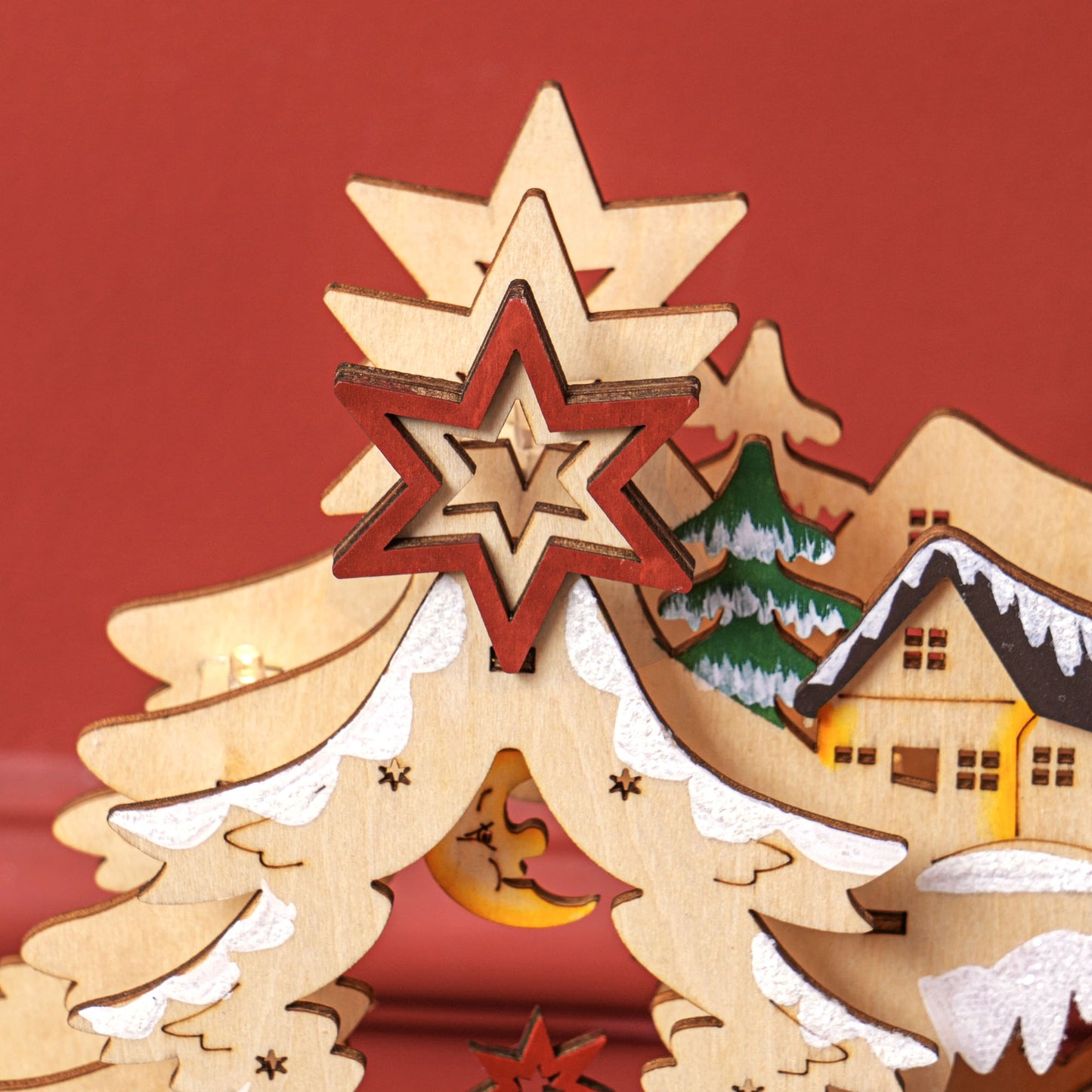 HOMCOM Weihnachtsdorf im Winterwunderland, 20 LED-Lichter, mehrschichtig, Naturholz, 45 x 12 x 30 cm