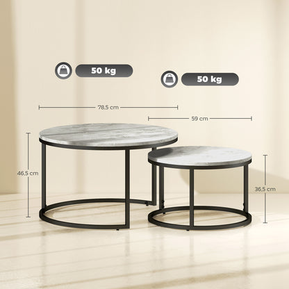 HOMCOM Couchtisch-Set, 2 runde Satztische, Industriedesign, Metallgestell, Betonoptik/Schwarz