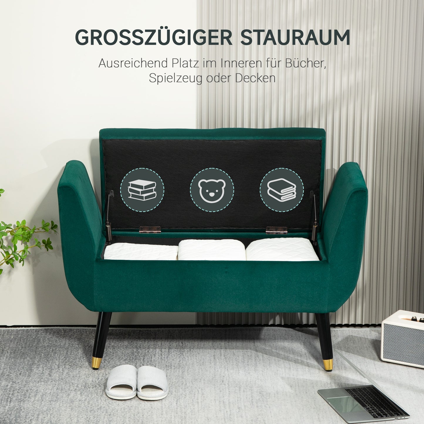 HOMCOM Polsterbank mit Stauraum, Armlehnen, Samtartiges Polyester, Kautschukholz, 107 x 42 x 65 cm, Grün