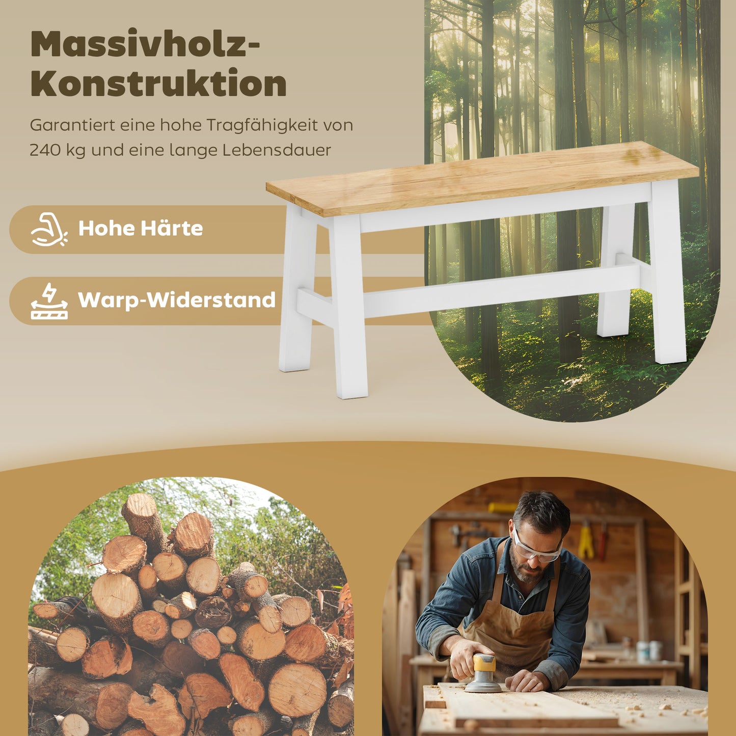 HOMCOM Sitzbank für 2, Holzbank in Eichenoptik, stabilisierende Querstange, für Wohnzimmer, Esszimmer, Flur, Kautschukholz, Weiß