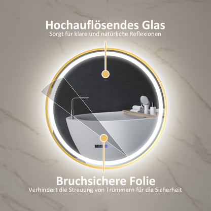 HOMCOM Runder Badezimmerspiegel mit LED-Lichtern, Badspiegel mit Anti-Beschlag-Funktion, Touch-Bedienung, Display