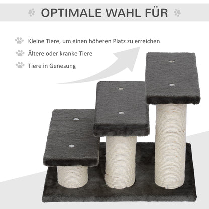 PawHut Hundetreppe 3 Stufen 34 cm Hoch Haustiertreppe für Hunde Katze Katzentreppe mit Kratzstamm Hunderampe Einstiegshilfe für Bett, Sofa, Couch Dunkelgrau