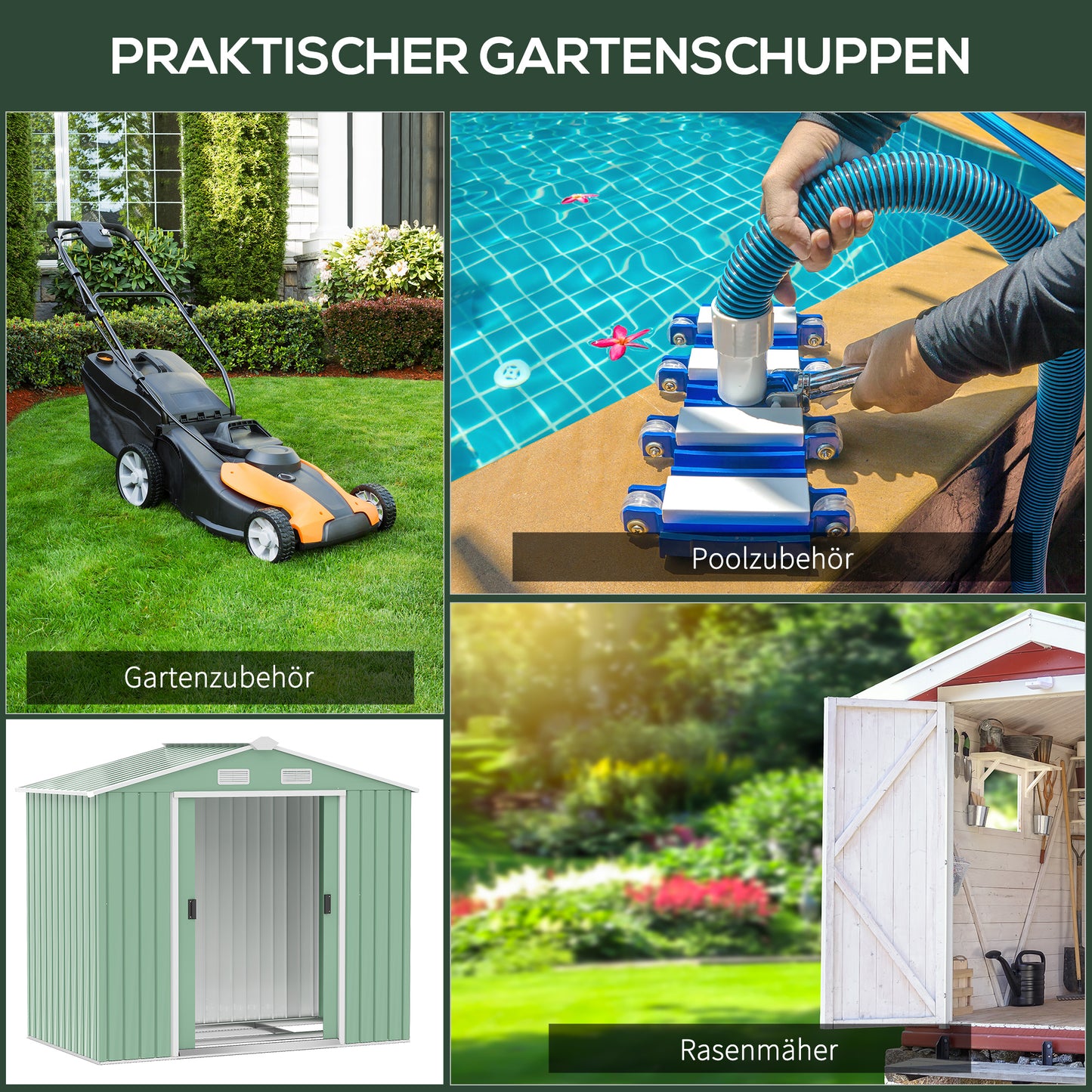 Outsunny Gartenschuppen, 2 Schiebetüren, Lüftungsfenster, Bodenrahmen, rostfrei, Stahl, hellgrün, 2,13 x 1,30 x 1,85 m