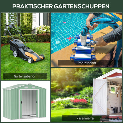 Outsunny Gartenschuppen, 2 Schiebetüren, Lüftungsfenster, Bodenrahmen, rostfrei, Stahl, hellgrün, 2,13 x 1,30 x 1,85 m