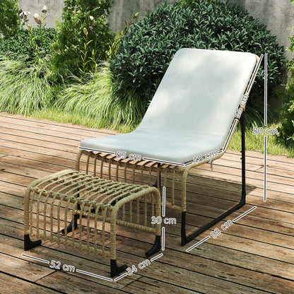 Outsunny Rattan Relaxsessel med Fußhocker UV-beständig Gartensessel mit Kissen Bänder 65 x 93 x 80 cm Naturholz