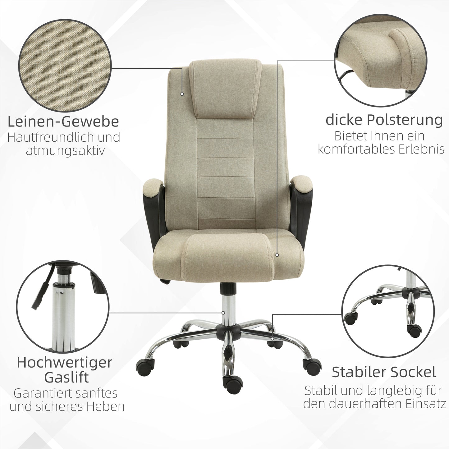 Vinsetto Bürostuhl i Leinenoptik, höhenverstellbar, Wippfunktion, 5 Rollen, Beige
