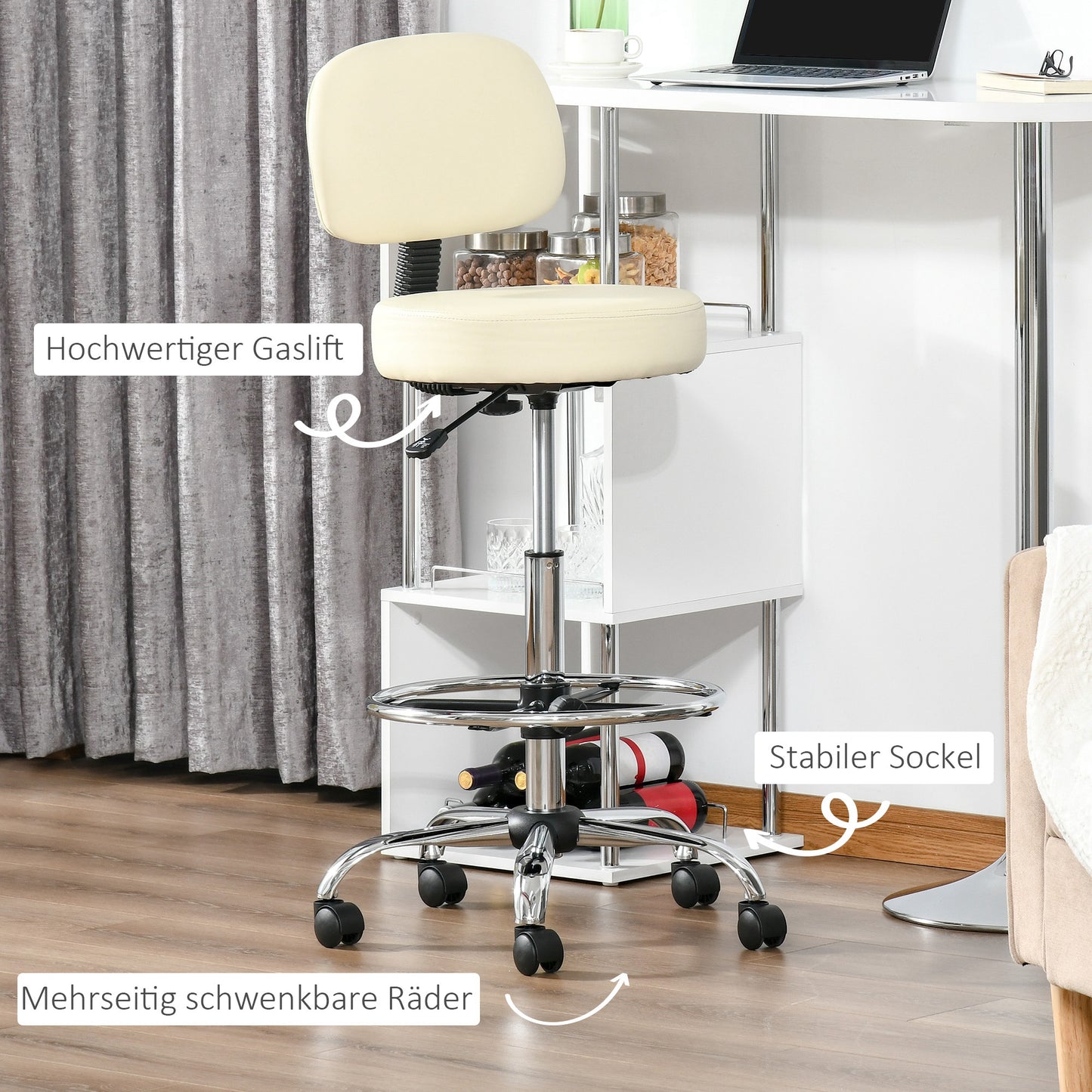 HOMCOM Barhocker Drehstuhl Höheverstellbarer Barstuhl mit Rollen aus Kunstleder-Leder Arbeitshocker Bürohocker 360° schwenkbar mit Lehne Gepolstertet Beige 56 x 57 x 104-127 cm