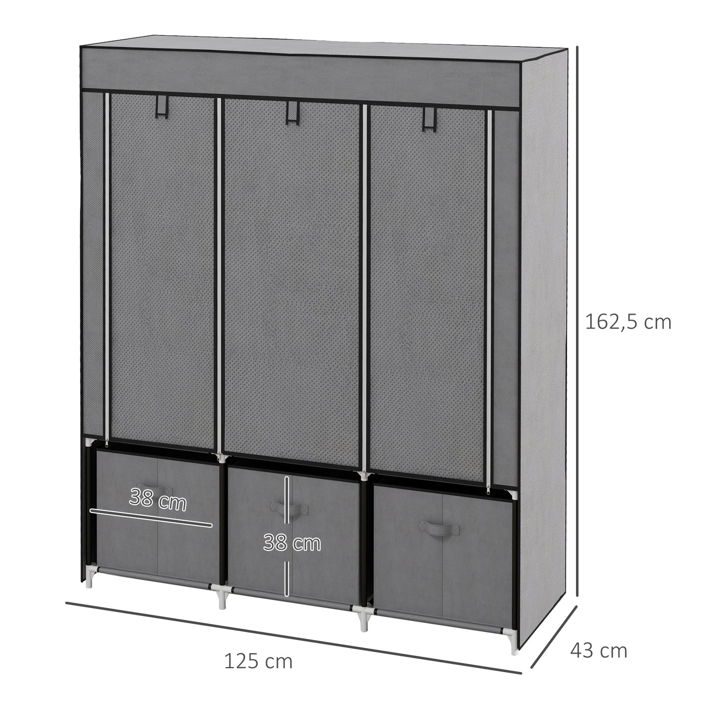 HOMCOM Stoffschrank aus Vlies, Faltschrank, inkl. 3 Schubladen, 125 cm x 43 cm x 162,5 cm, Grau