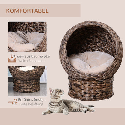 PawHut Katzenkorb aus Wasserhyazinthe inkl. Kissen, Katzenbett, Haustierbett, 50 cm x 42 cm x 60 cm, Braun + Beige
