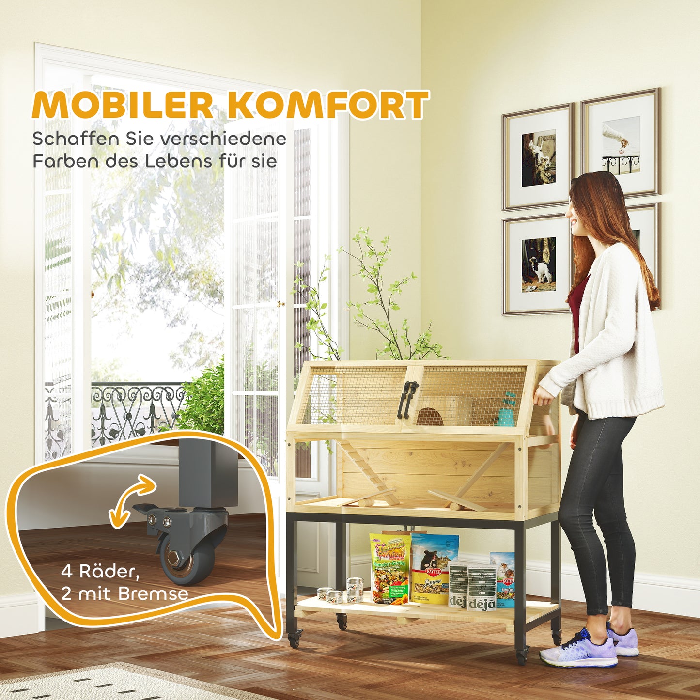 PawHut Zwerghamsterkäfig aus Holz mit Ablagefach, Rädern, Rampen, Wasserflasche, Hütte, Wippen, 87 x 43 x 101cm