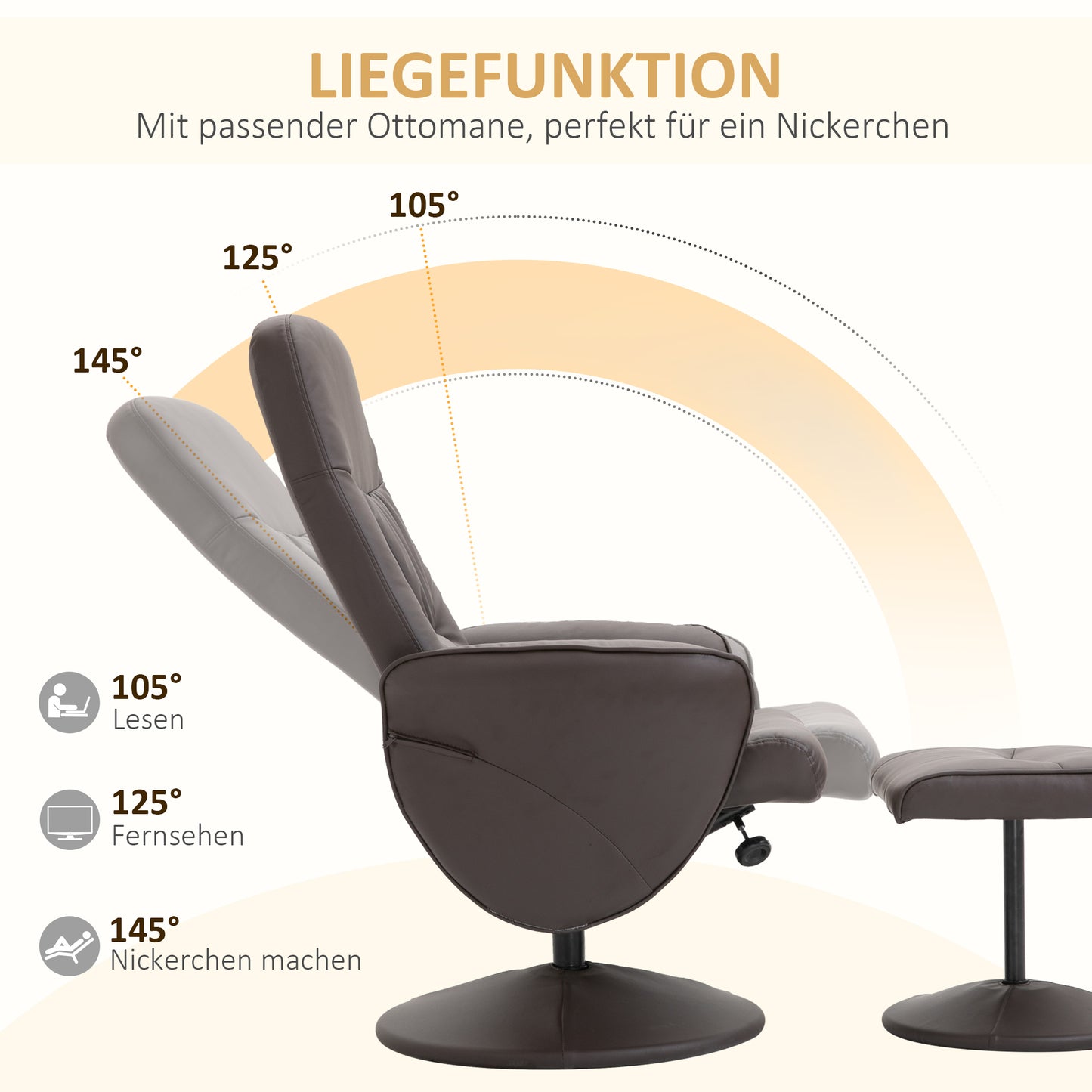 HOMCOM 2-teiliges Sessel-Set, Sessel mit Fußhocker, Relaxsessel mit Fußhocker, höhenverstellbar, neigbare Rückenlehne, Braun