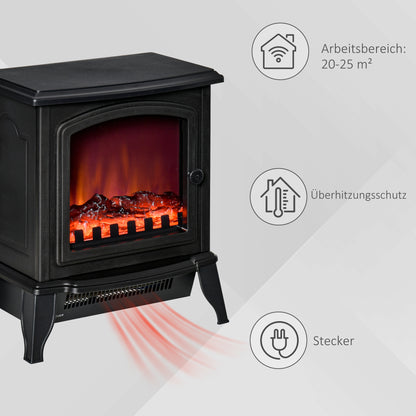 HOMCOM Elektrokamin freistehend, Flammeneffekt, 2 Heizmodi 1000W/2000W, gehärtetes Glas, Schwarz, 36,5x24x45,5 cm