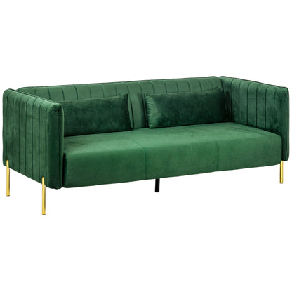 HOMCOM Sofa 3-Sitzer-Sofa Couch, inkl. 2 Kissen, Samtoptik, Retro-Design, abnehmbarer Bezug, 195 cm x 88 cm x 76 cm Grün