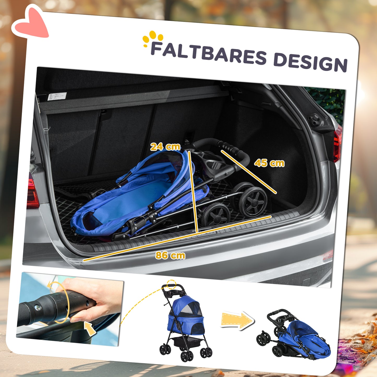 PawHut Hundebuggy Hundewagen bis 4 kg Klappbar Netzfenster Bodenkorb Becherhalter abnehmbares Dach blau 67 x 45 x 96 cm