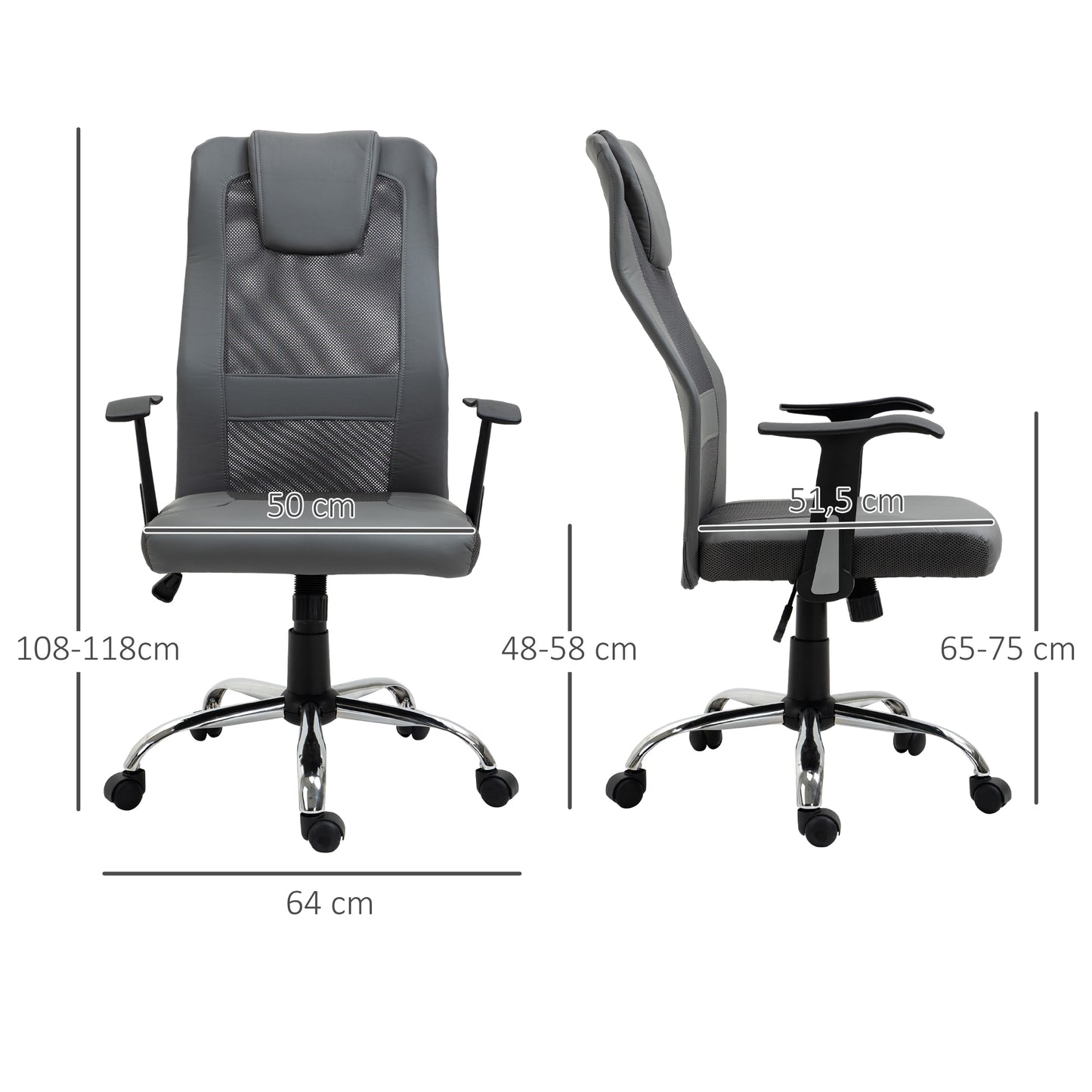 Vinsetto Bürostuhl Drehstuhl höhenverstellbar Chefsessel Schreibtischstuhl ergonomisk konstleder Grau 66 x 73 x 108-118 cm