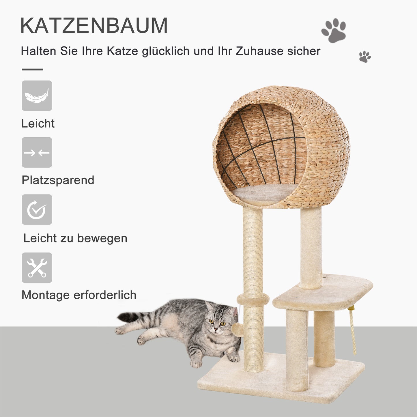 PawHut Kratzbaum 100 cm Katzenturm mit Höhle, Spielball, Sisalstämme, Plattform, mehrstöckiger Katzenkratzbaum, Kletterbaum, für mittelgroße Katzen, Beige